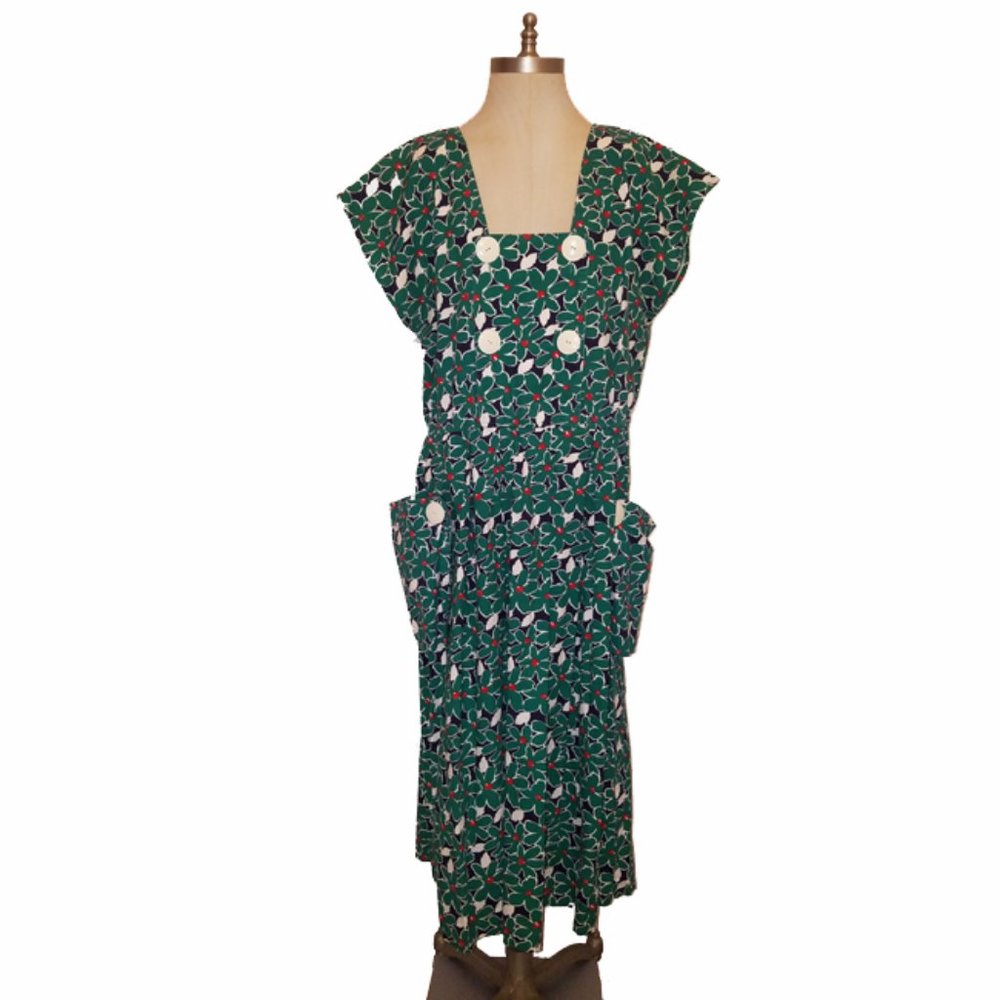 Vtg 80s Green Flower Power Big Button Dress 18